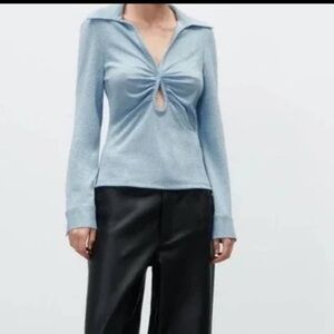 ZARA Sparkle Ruched Button Front Cutout Long Sleeve Blouse Top Light Blue Sz S